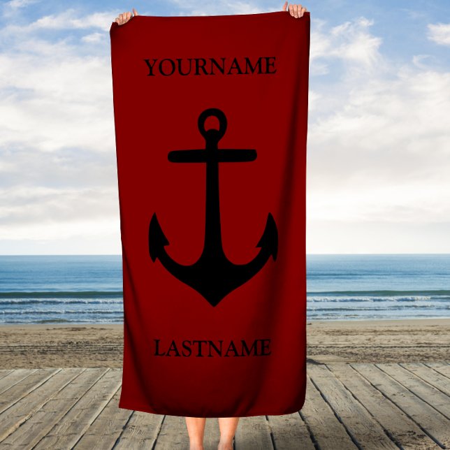 Red and Black Anchor Custom Name and Last Name Beach Towel (Creator Uploaded)