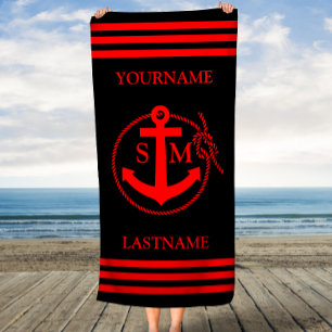 Red and Black Anchor Rope Personalized Beach Towel
