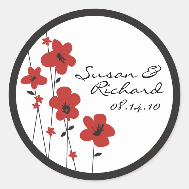 Red and Black Anemone Flower Wedding Classic Round Sticker (Front)