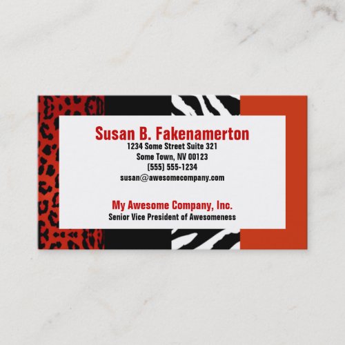 Red and Black Animal Print Zebra and Leopard Business Cards