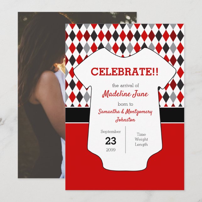 Red and Black Argyle Pattern Baby Photo Announcement (Front/Back)