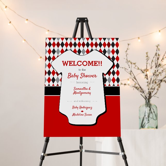 Red and Black Argyle Pattern Baby Shower Foam Board (In Situ (Stand))