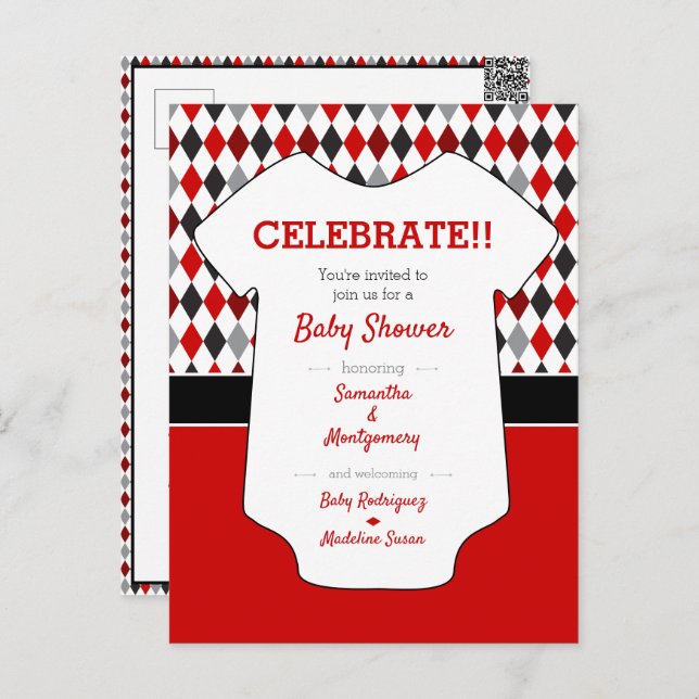 Red and Black Argyle Pattern Baby Shower Postcard (Front/Back)