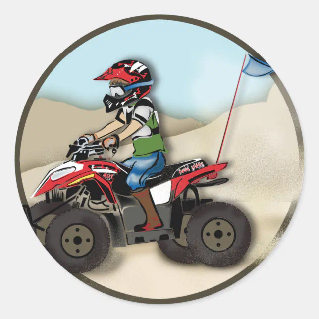 Red and Black ATV Kid Classic Round Sticker | Zazzle