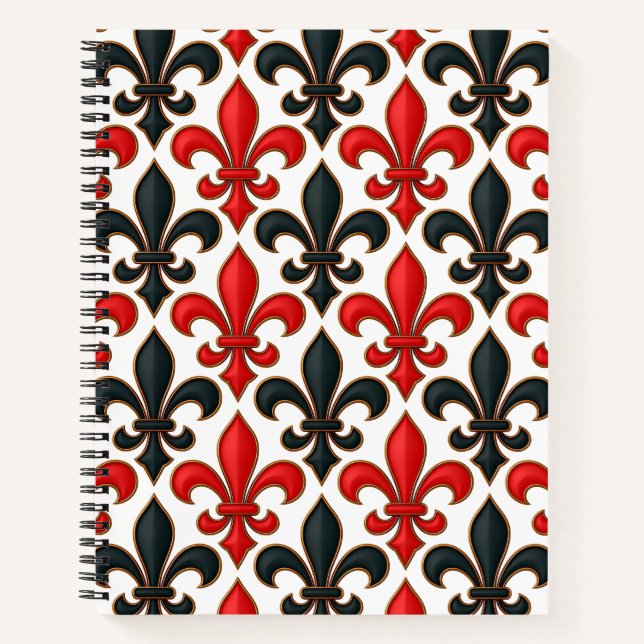 Red and Black Baroque Fleur-de-lis Pattern Design  Notebook (Front)