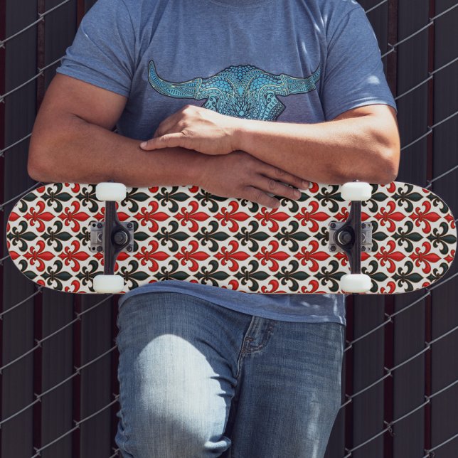 Red and Black Baroque Fleur-de-lis Pattern Design  Skateboard (Creator Uploaded)