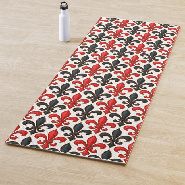 Red and Black Baroque Fleur-de-lis Pattern Design  Yoga Mat (Creator Uploaded)
