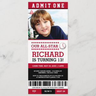 Red and Black Baseball Ticket Birthday Invites