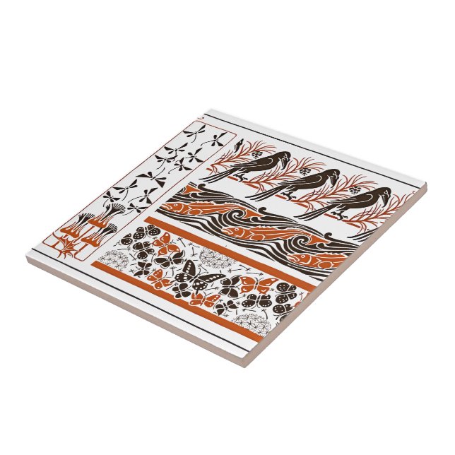 red and black Birds fish Butterfly art pattern Ceramic Tile (Side)