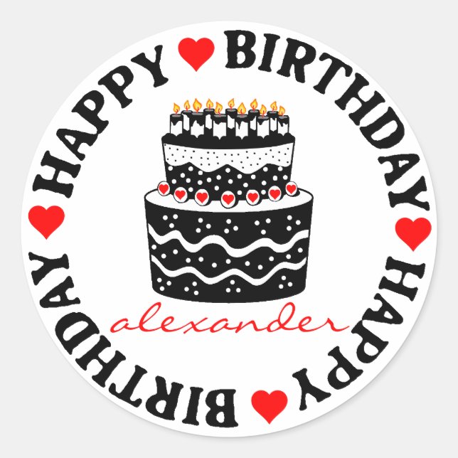 Red and Black Birthday Cake Classic Round Sticker (Front)