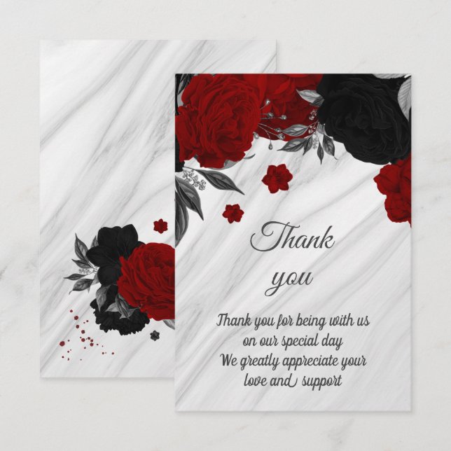 red and black botanical marble thank you card (Front/Back)
