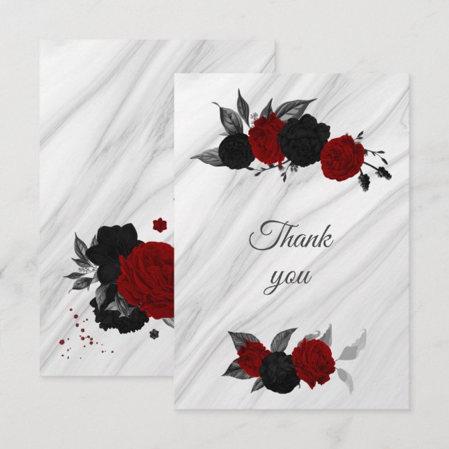 red and black botanical marble thank you card (Front/Back)