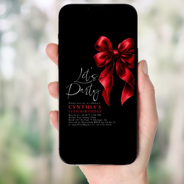 Red and Black Bow Luxury Elegant Gala Birthday Invitation (Front Digital)