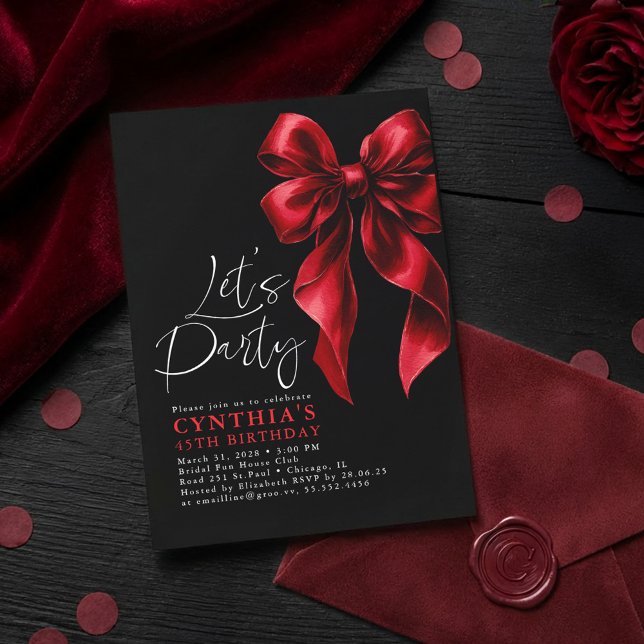 Red and Black Bow Luxury Elegant Gala Birthday Invitation (Red Bow Black Birthday Invitations)