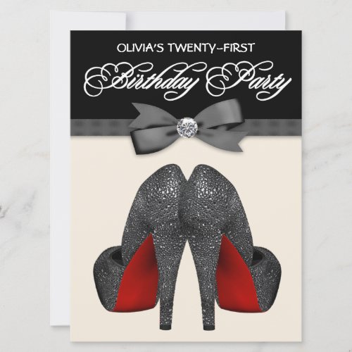 Red Black Bow Tie Womans 21st Birthday Party Personalized Invite