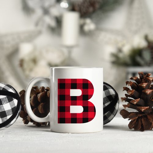 Red and Black Buffalo Check Bold Letter B Monogram Coffee Mug