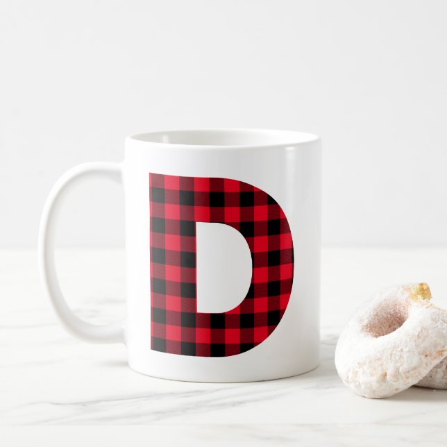 Red and Black Buffalo Check Bold Letter D Monogram Coffee Mug (With Donut)