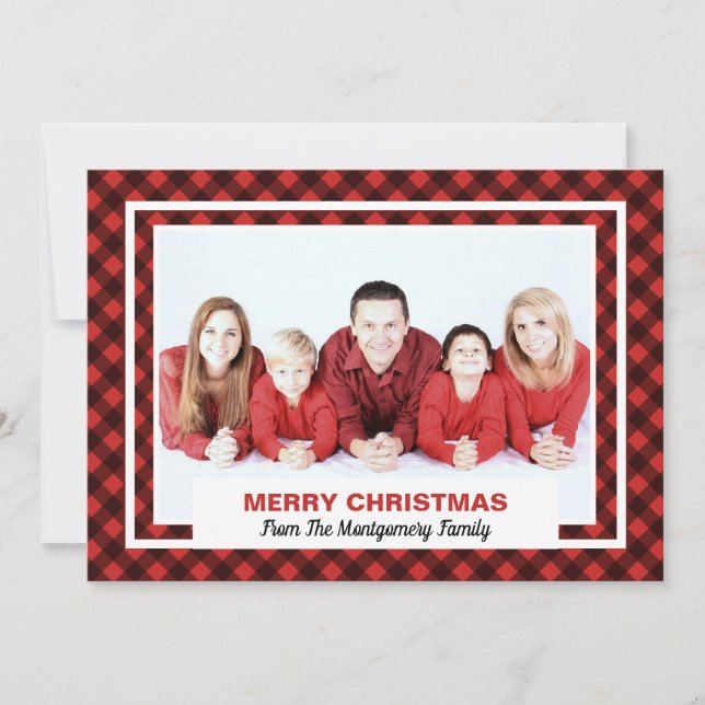 Red and Black Buffalo Check Merry Christmas Photo Holiday Card (Front)