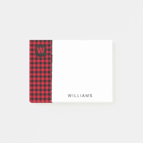 Red and Black Buffalo Check Monogram 4 x 3 Post_it Notes