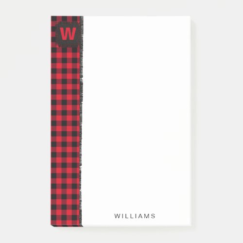 Red and Black Buffalo Check Monogram 4 x 6 Post_it Notes