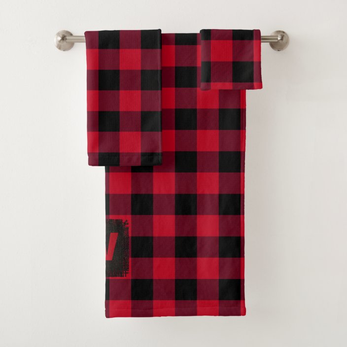 Red and Black Buffalo Check Monogram Bath Towel Set