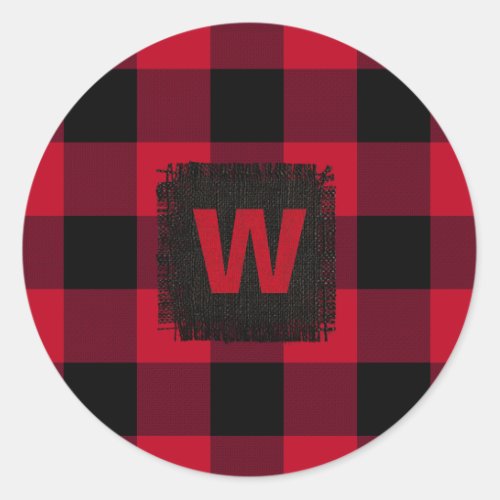 Red and Black Buffalo Check Monogram Classic Round Sticker
