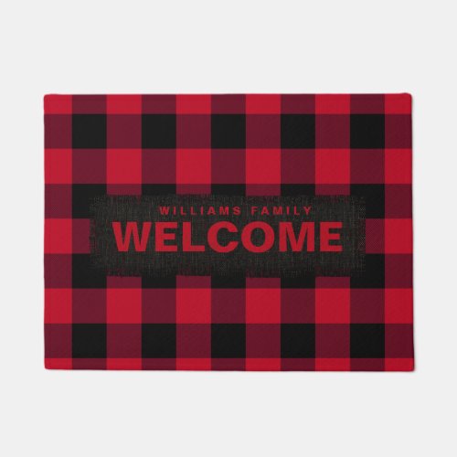 Red and Black Buffalo Check Monogram Doormat