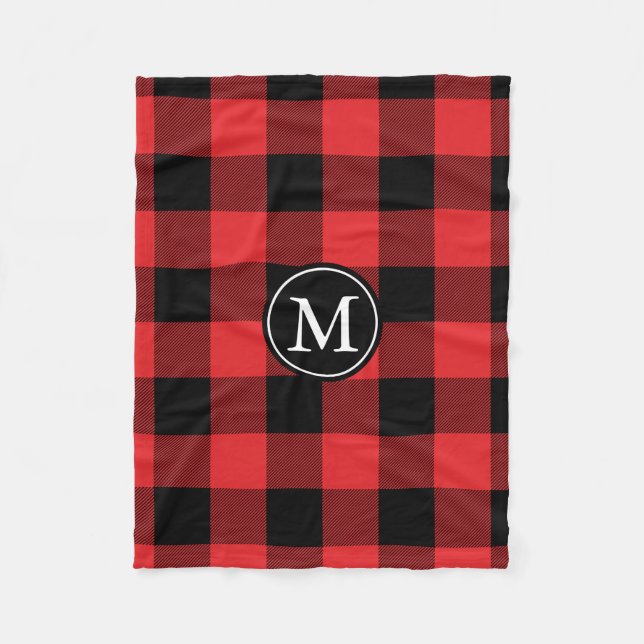 Red and Black Buffalo Check Monogram Fleece Blanket (Front)
