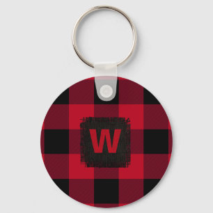 Red and Black Buffalo Check Monogram Keychain