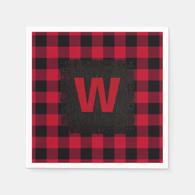 Red and Black Buffalo Check Monogram Paper Napkins (Front)