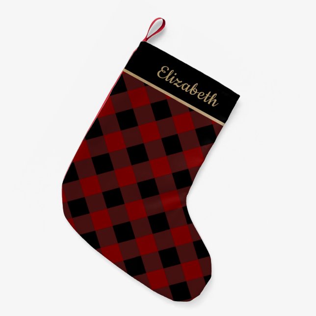 Red and Black Buffalo Check & Name Small Christmas Stocking (Front (Hanging))