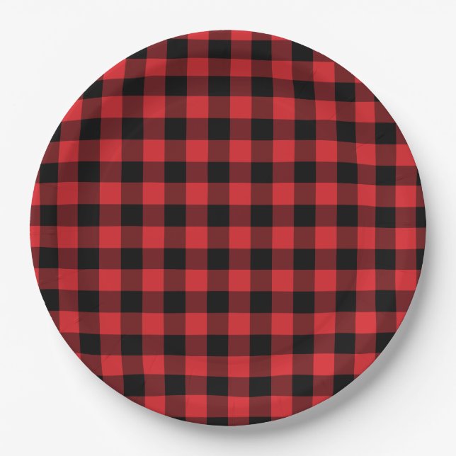 Red and Black Buffalo Check Plaid Pattern Paper Plates (Front)