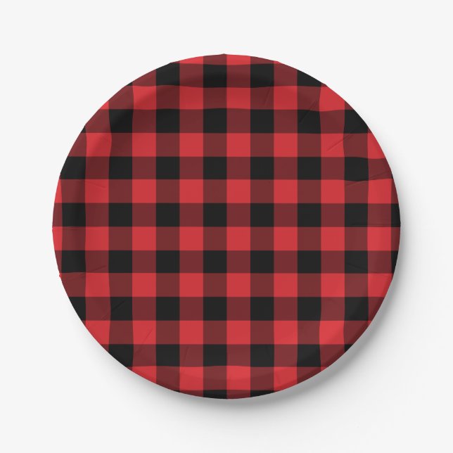 Red and Black Buffalo Check Plaid Pattern Paper Plates (Front)