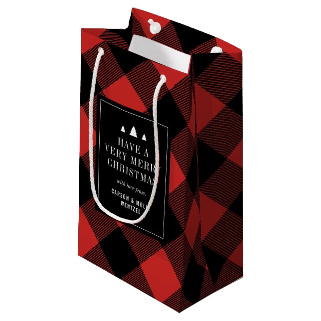 Red and Black Buffalo Check Plaid Personalized Small Gift Bag (Front Angled)