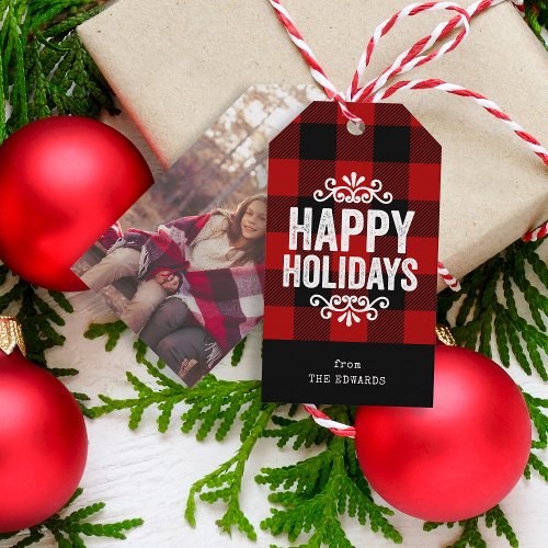 Red and Black Buffalo Check Rustic Holiday Photo Gift Tags
