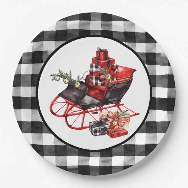 Red and Black Buffalo Check Sleigh and Packages Pa Paper Plates (Front)