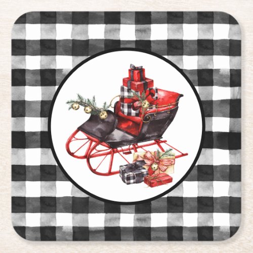 Red and Black Buffalo Check Sleigh and Packages Square Paper Coaster
