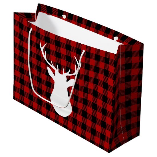 Red and Black Buffalo Check White Deer Head Large Gift Bag