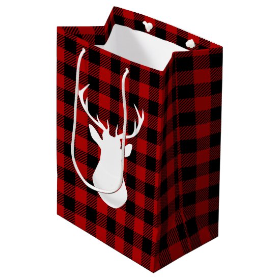 Red and Black Buffalo Check White Deer Head Medium Gift Bag