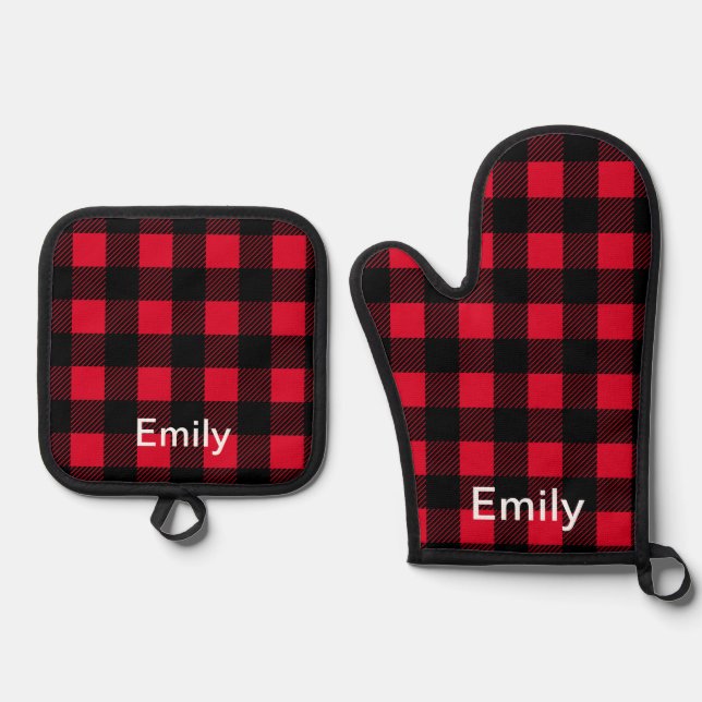 Red and Black Buffalo Checks Plaid Personalized Oven Mitt & Pot Holder Set (Front)