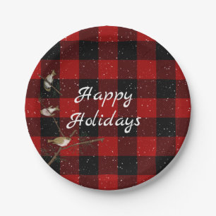 Red and black buffalo Happy Holidays in snow Paper Plates