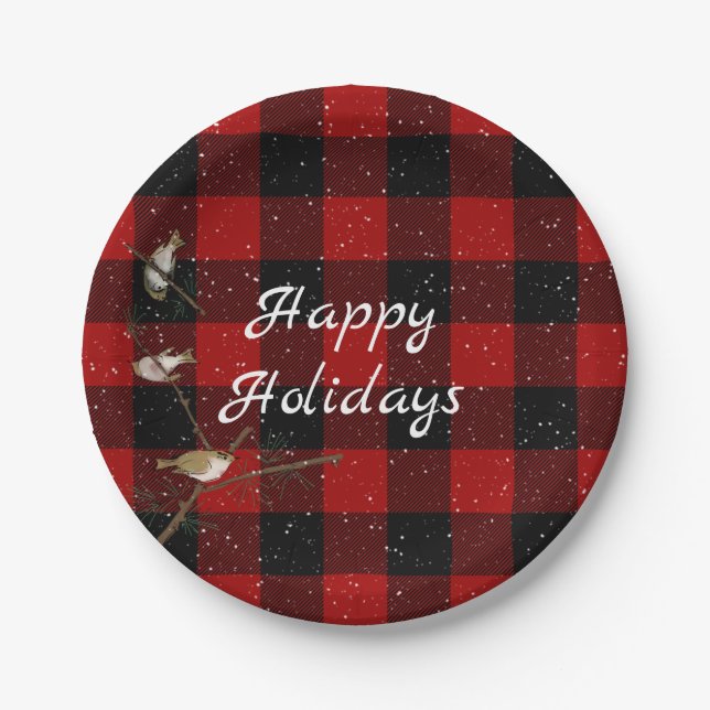 Red and black buffalo Happy Holidays in snow Paper Plates (Front)