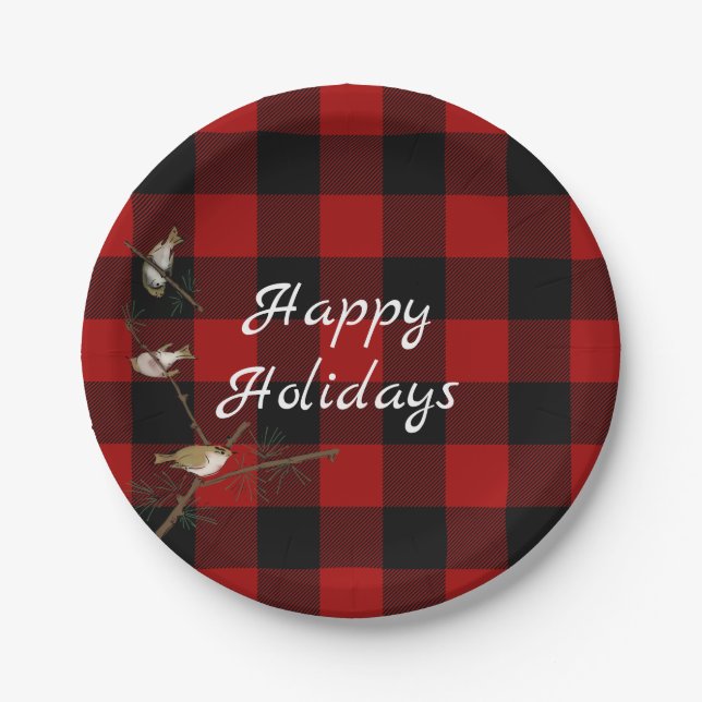 Red and black buffalo Happy Holidays Paper Plates (Front)