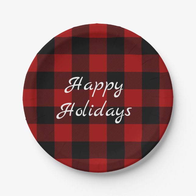 Red and black buffalo Happy Holidays Paper Plates (Front)