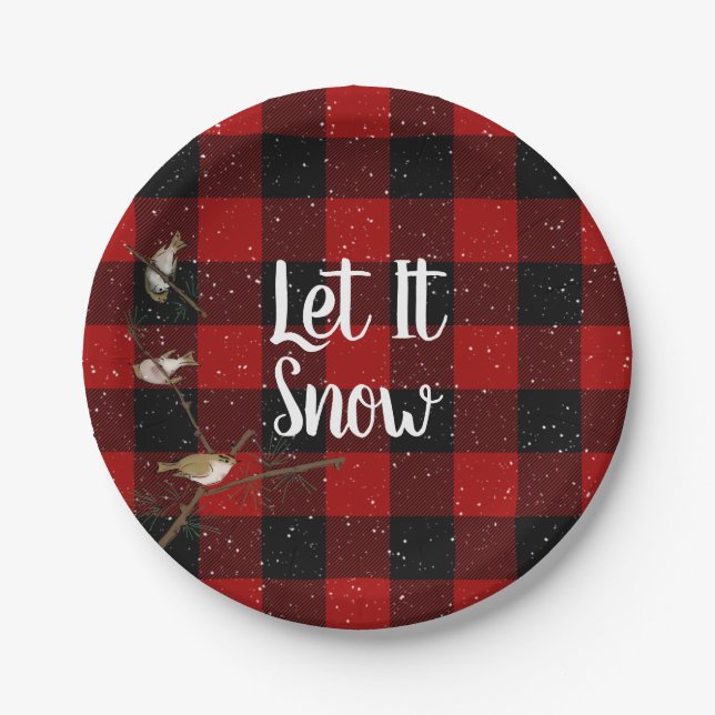 Red and black buffalo Let It Snow snowflakes Paper Plates (Front)