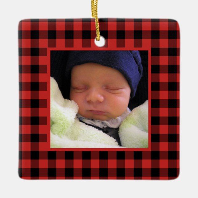 Red and Black Buffalo Plaid Baby's First Christmas Ceramic Ornament (Front)