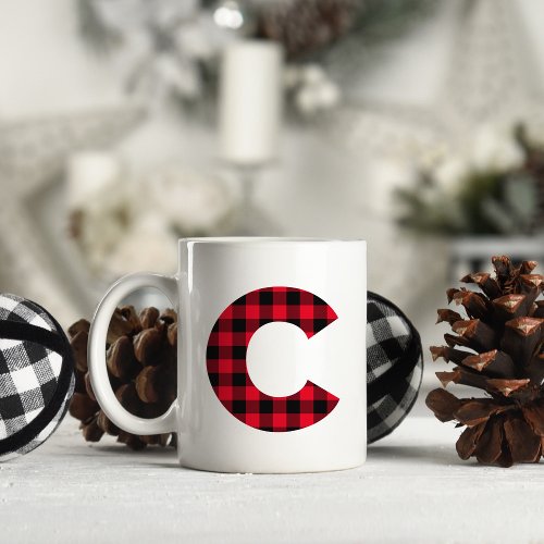 Red and Black Buffalo Plaid Bold Letter C Monogram Coffee Mug