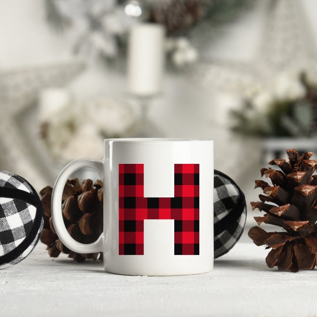 Red and Black Buffalo Plaid Bold Letter H Monogram Coffee Mug (Letter H Monogram Christmas Coffee Cup)