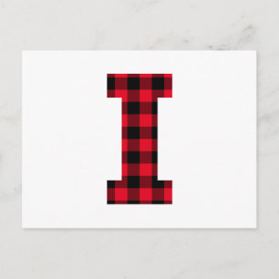 Red and Black Buffalo Plaid Bold Letter I Monogram Postcard
