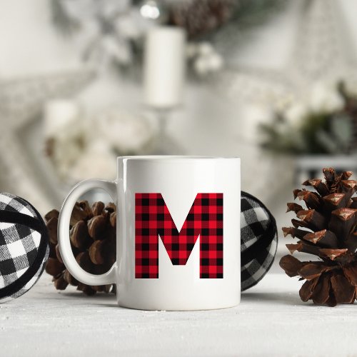 Red and Black Buffalo Plaid Bold Letter M Monogram Coffee Mug